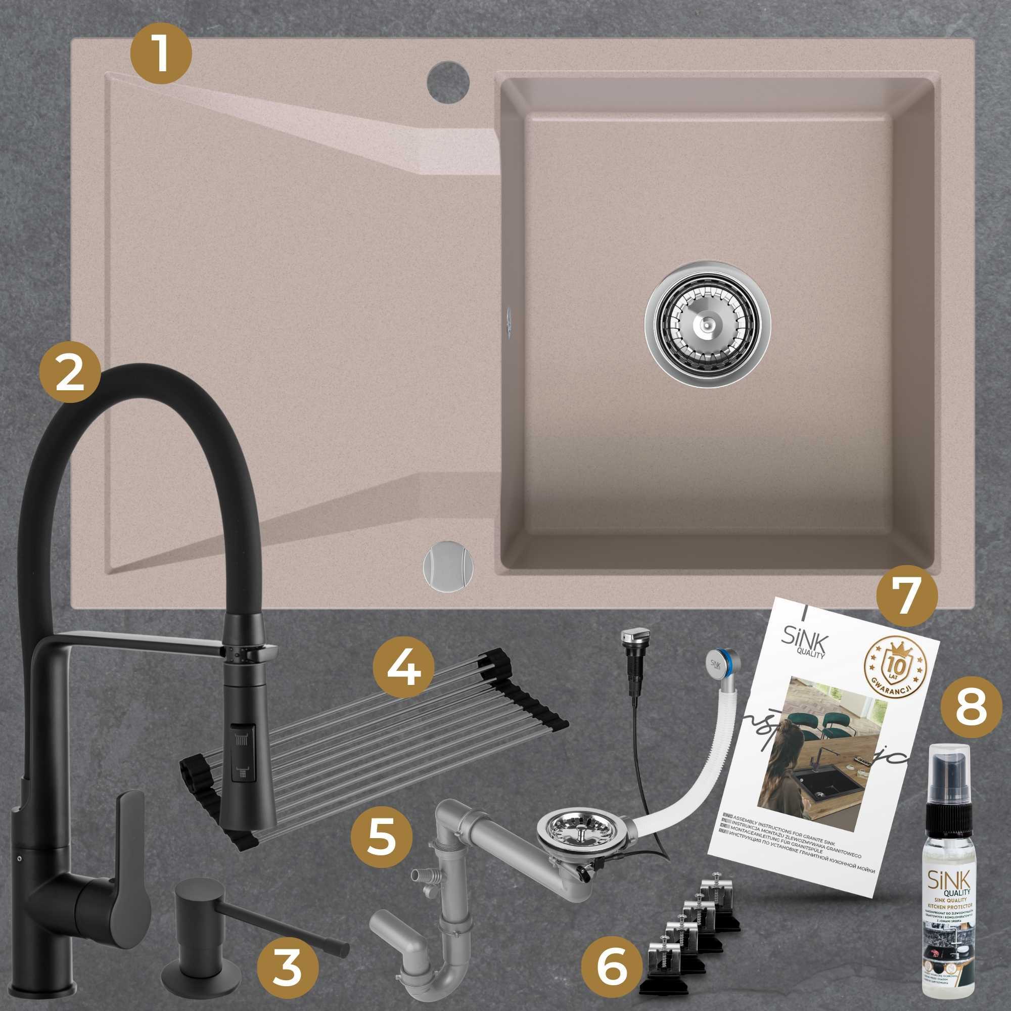 Zestaw gotowy do montażu - zlew, bateria, dozownik, mata, syfon, zaczepy, instrukcja, gwarancja, impregnat